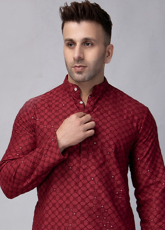 Maroon Viscose Embroidered Knee Length Kurta