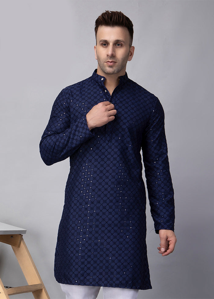 Navy Blue Viscose Embroidered Knee Length Kurta