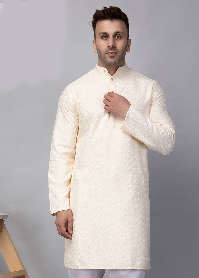 Off White Viscose Embroidered Knee Length Kurta