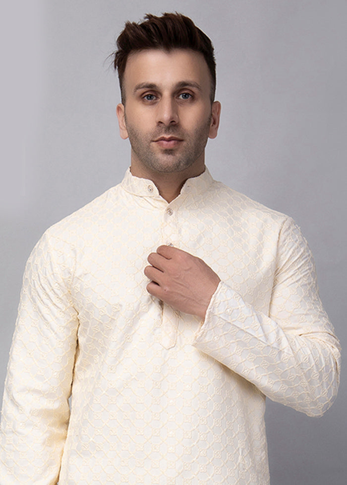 Off White Viscose Embroidered Knee Length Kurta