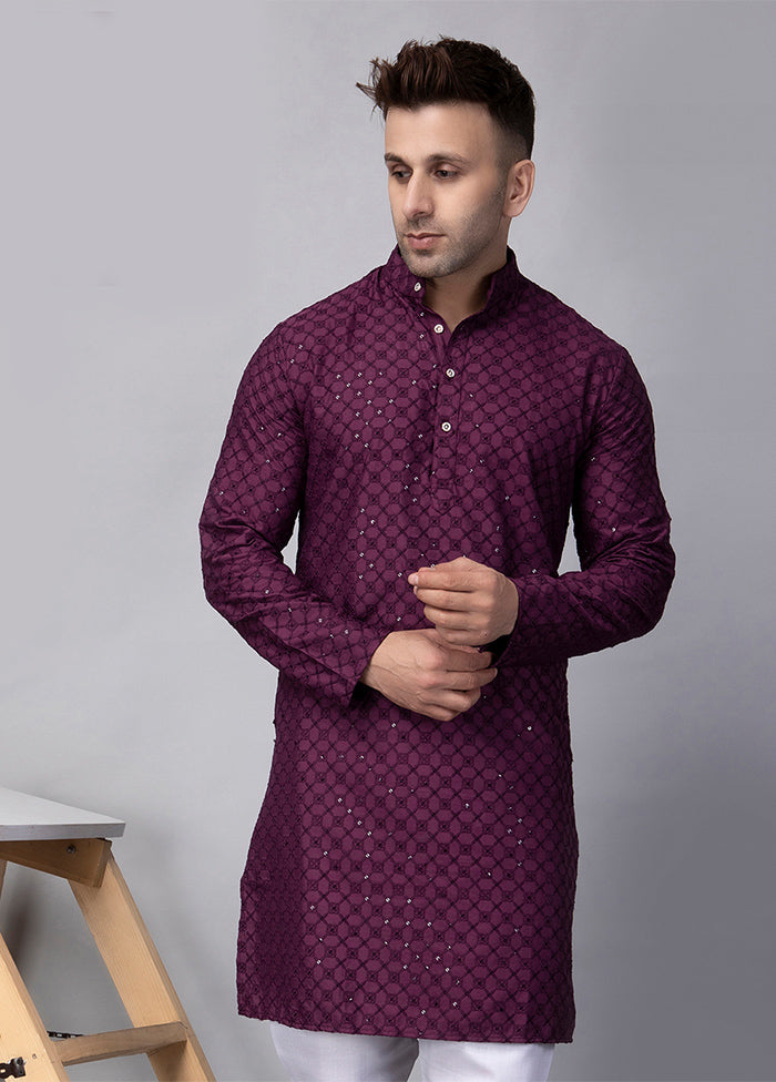 Purple Viscose Embroidered Knee Length Kurta