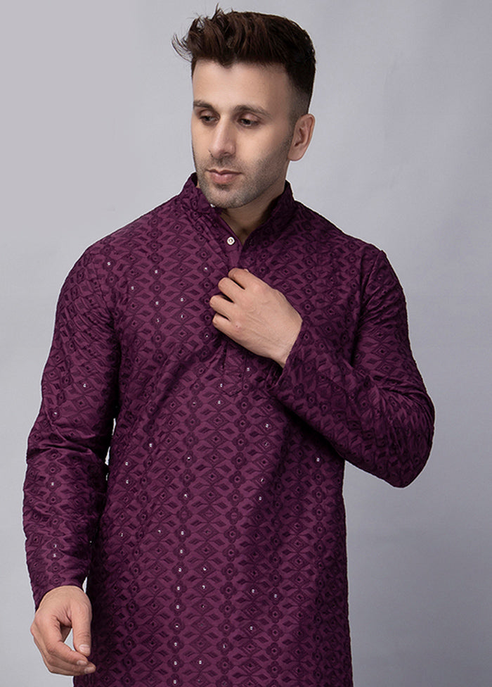 Purple Viscose Embroidered Knee Length Kurta