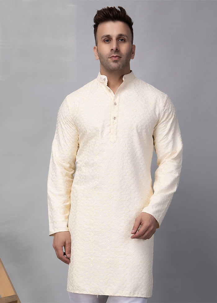 Off White Viscose Embroidered Knee Length Kurta