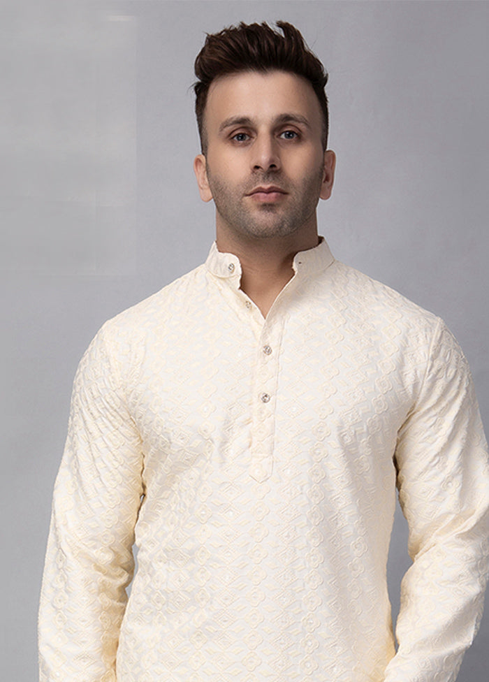 Off White Viscose Embroidered Knee Length Kurta