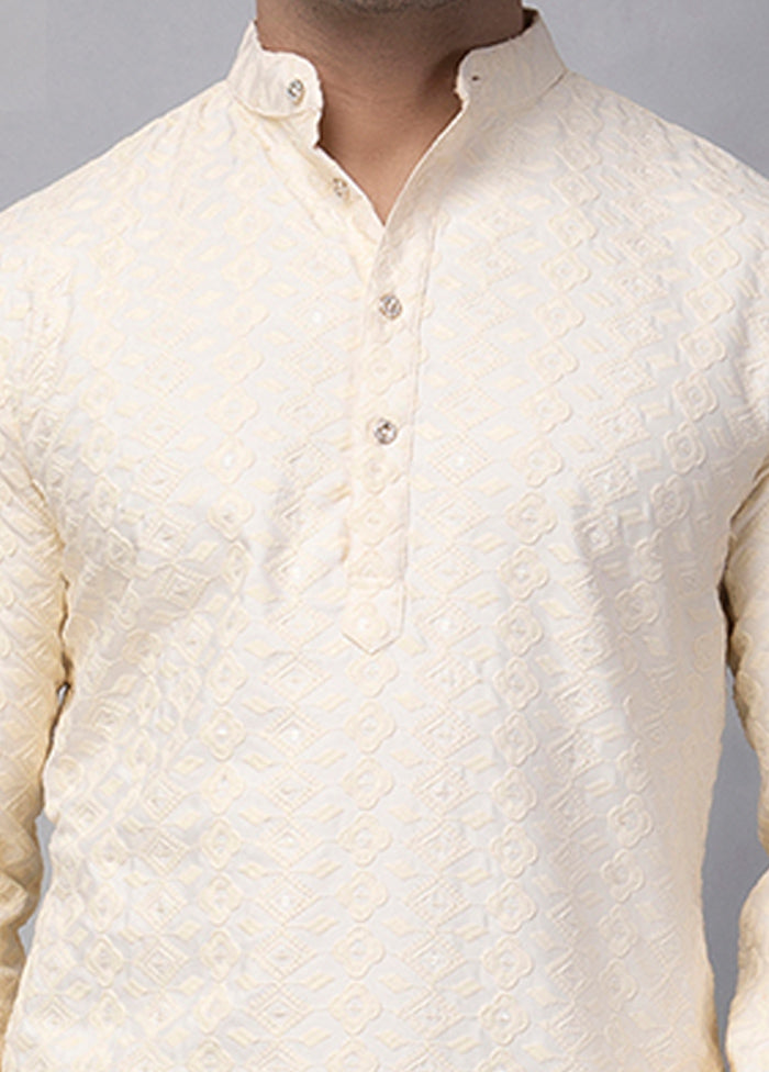 Off White Viscose Embroidered Knee Length Kurta