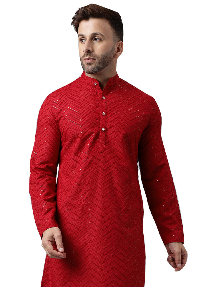 Red Silk Embroidered Kurta