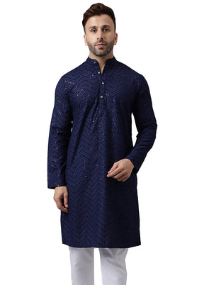 Navy Blue Silk Embroidered Kurta