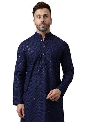 Navy Blue Silk Embroidered Kurta