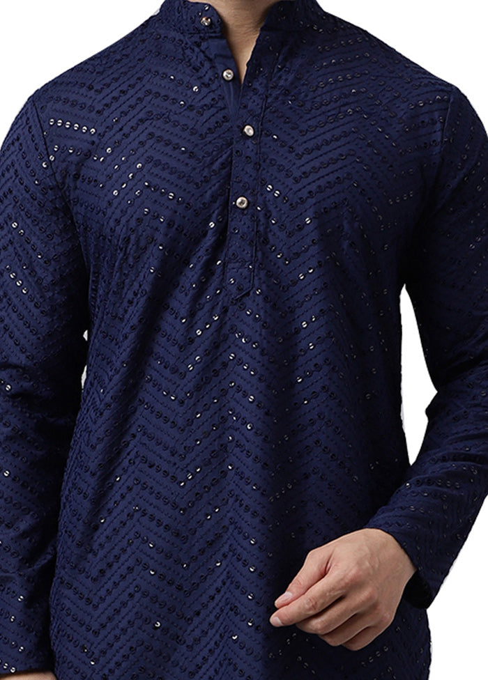 Navy Blue Silk Embroidered Kurta