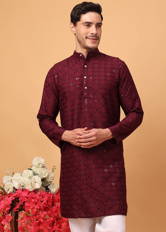 Maroon Viscose Embroidered Kurta