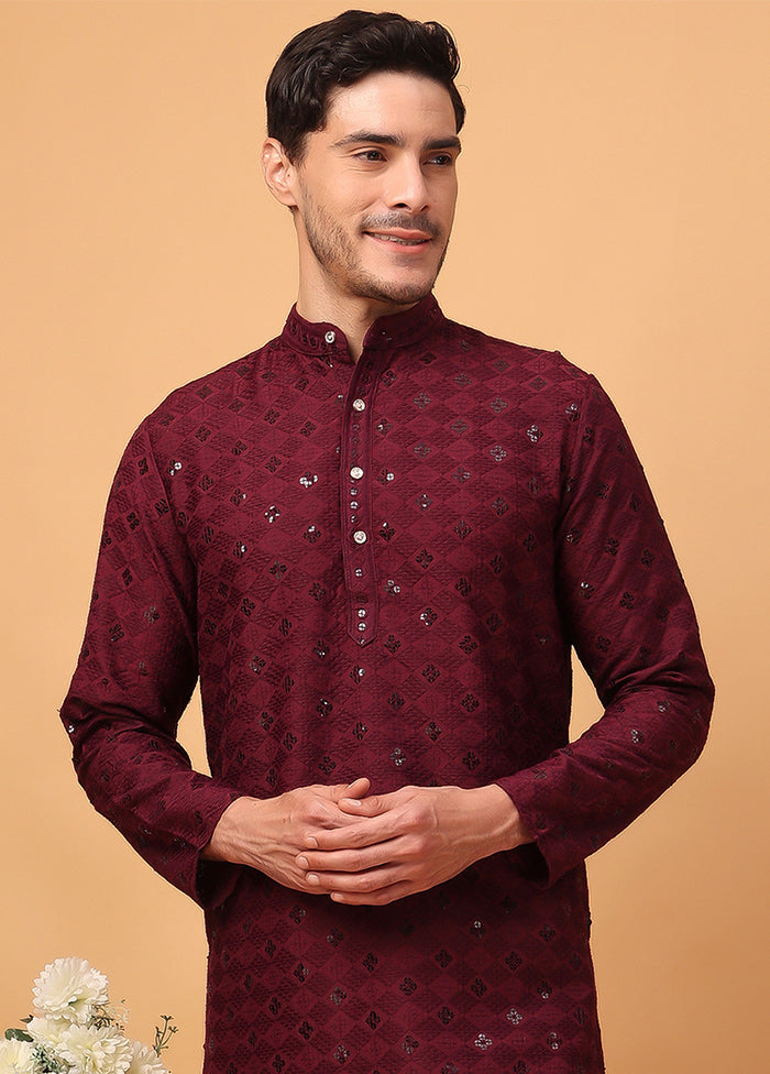 Maroon Viscose Embroidered Kurta