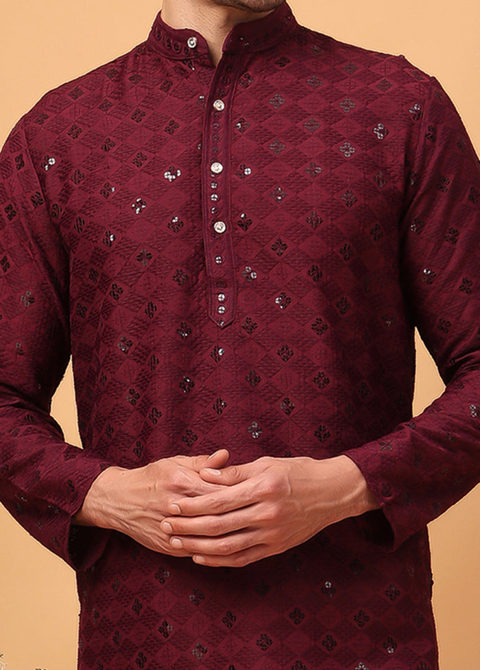 Maroon Viscose Embroidered Kurta