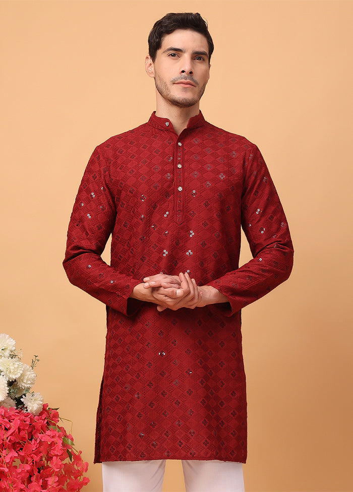 Red Viscose Embroidered Kurta