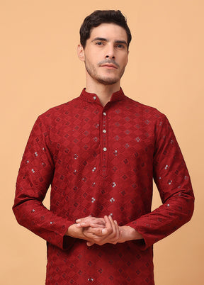 Red Viscose Embroidered Kurta