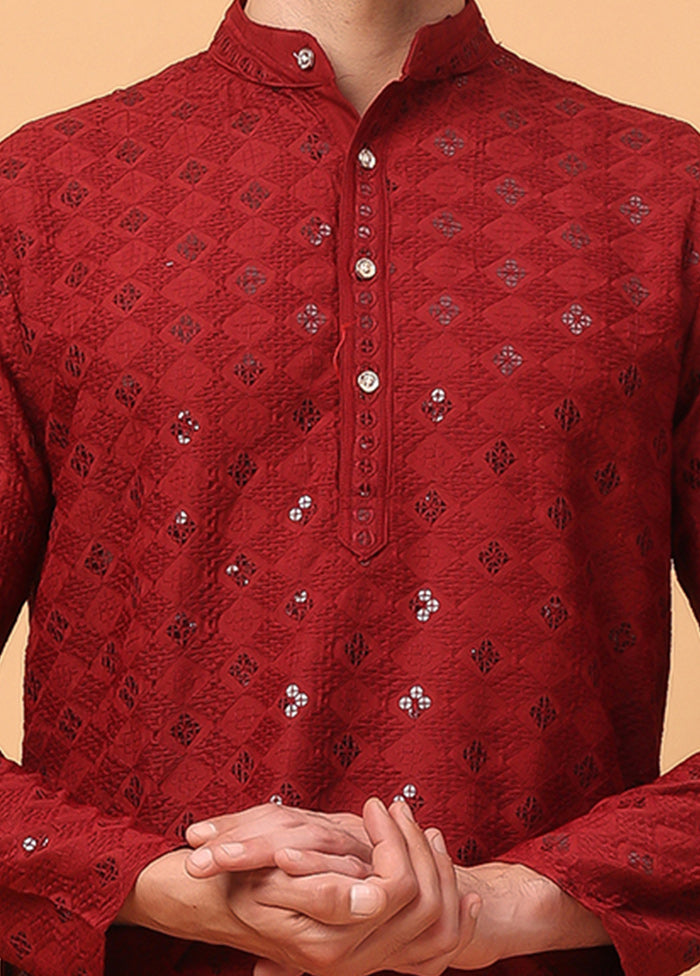 Red Viscose Embroidered Kurta