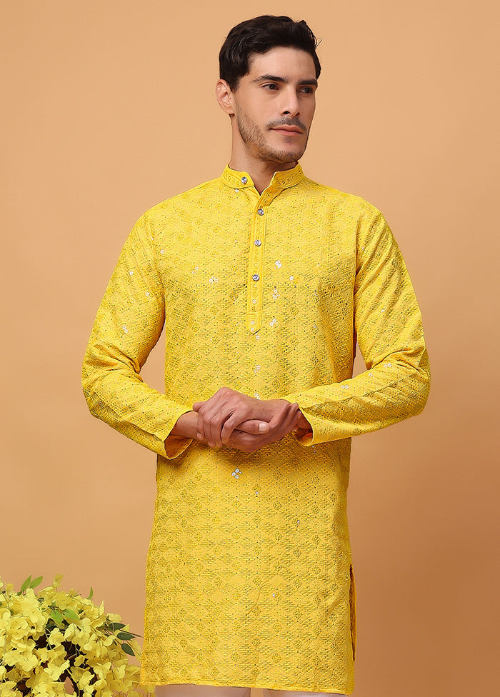 Yellow Viscose Embroidered Kurta