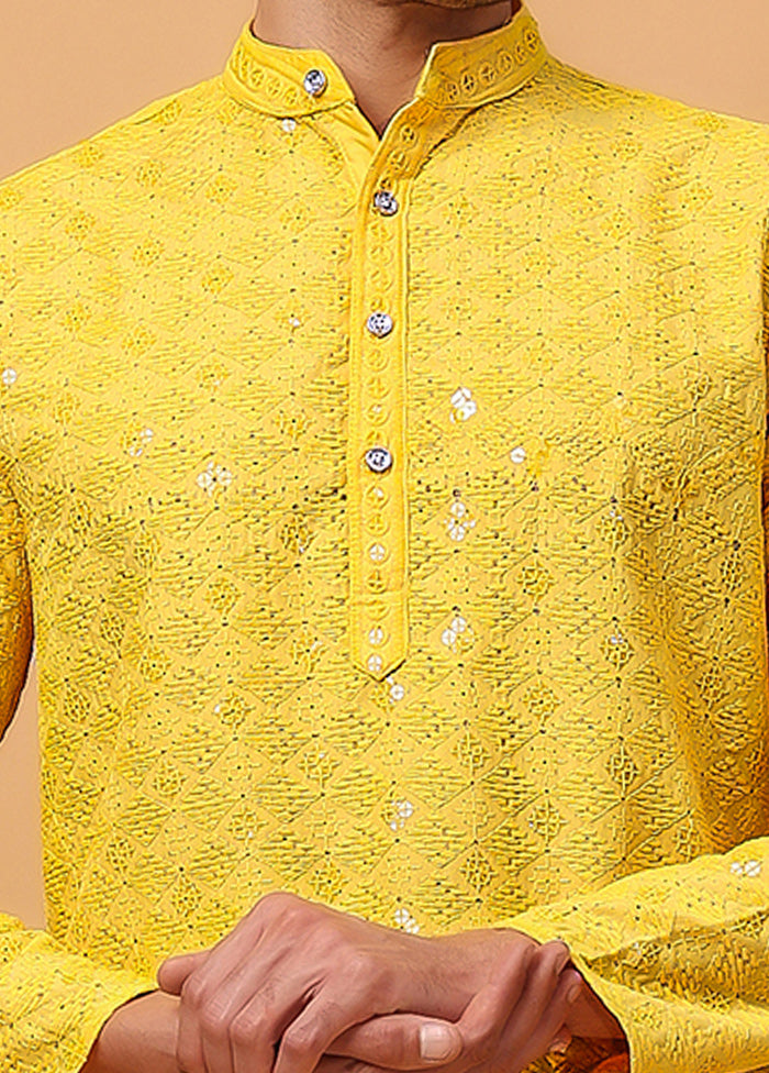 Yellow Viscose Embroidered Kurta