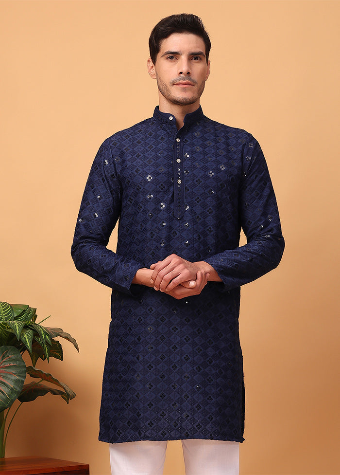 Navy Blue Viscose Embroidered Kurta