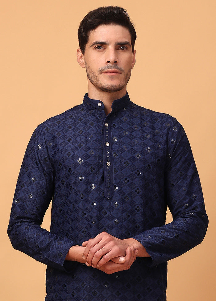 Navy Blue Viscose Embroidered Kurta