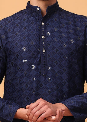 Navy Blue Viscose Embroidered Kurta