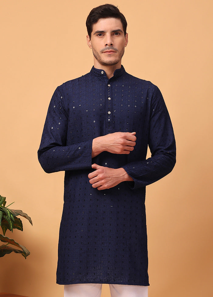 Navy Blue Viscose Embroidered Kurta