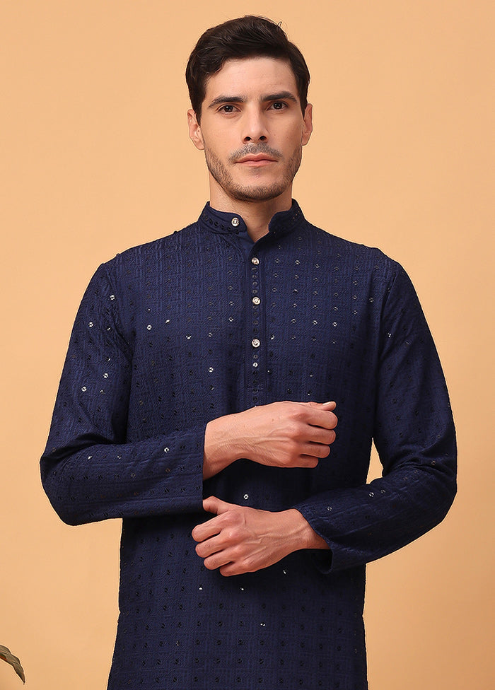 Navy Blue Viscose Embroidered Kurta