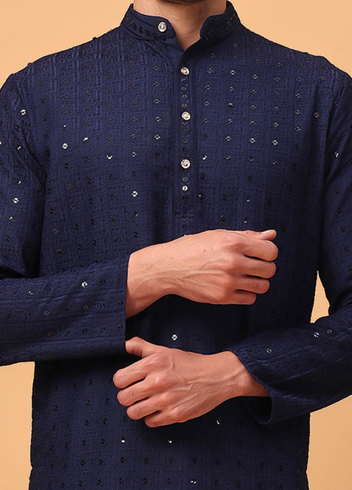 Navy Blue Viscose Embroidered Kurta