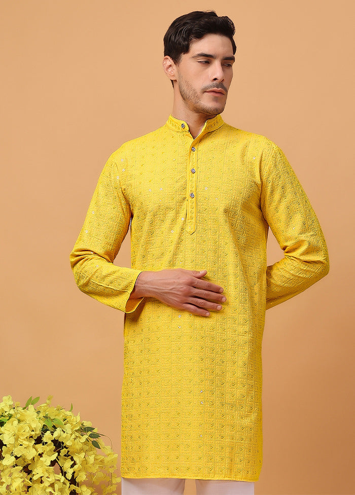 Yellow Viscose Embroidered Kurta