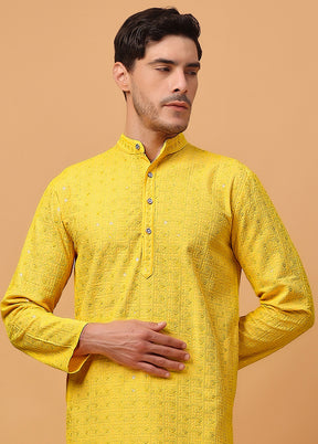 Yellow Viscose Embroidered Kurta