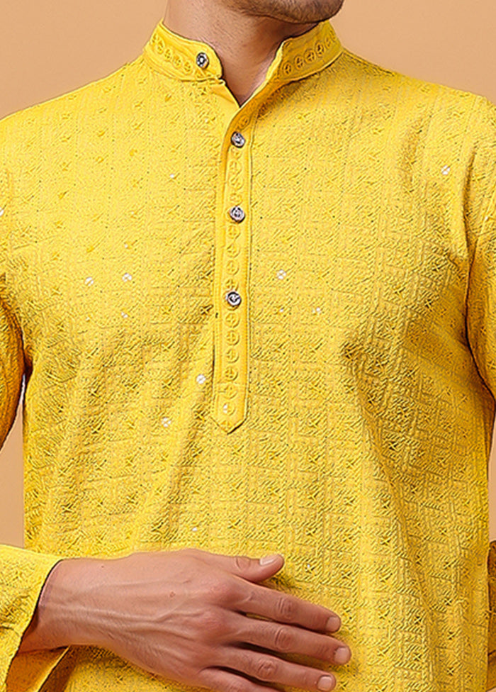 Yellow Viscose Embroidered Kurta