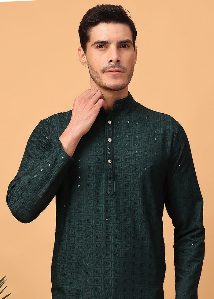 Green Viscose Embroidered Kurta