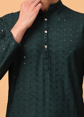 Green Viscose Embroidered Kurta