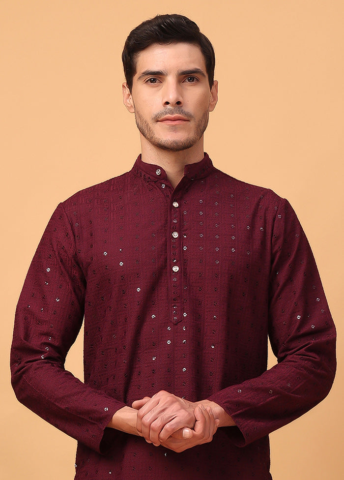 Maroon Viscose Embroidered Kurta