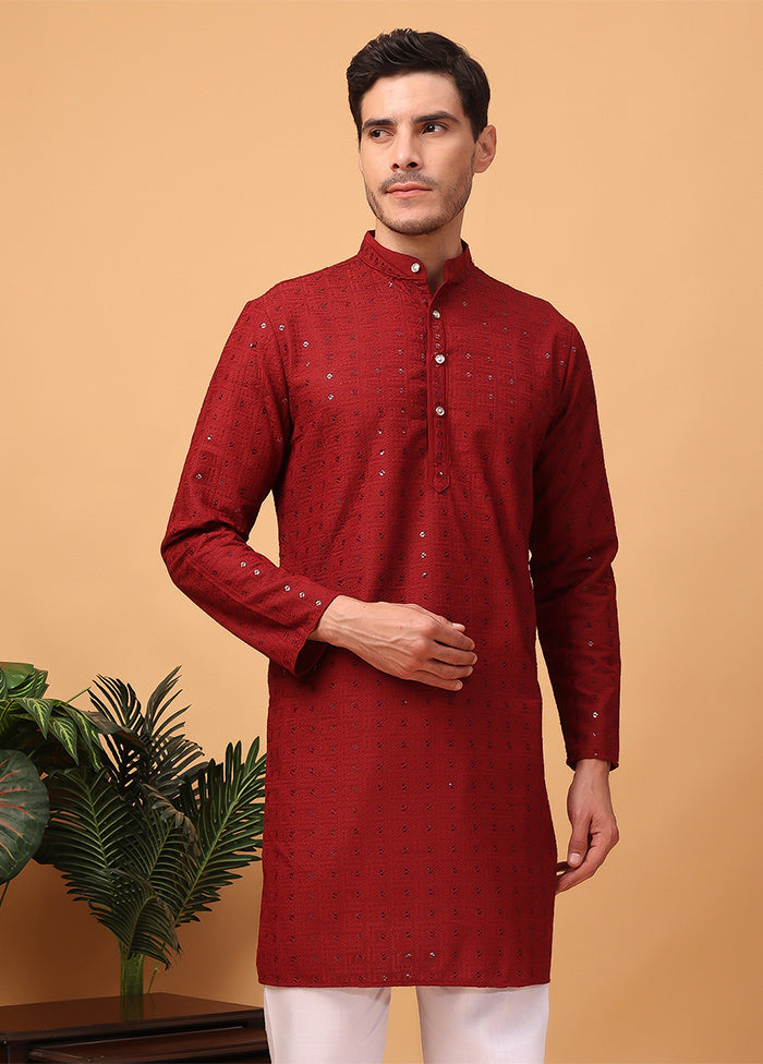 Red Viscose Embroidered Kurta