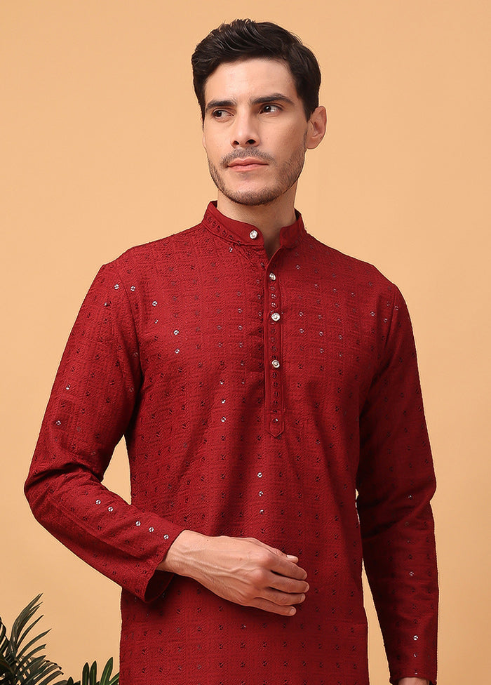 Red Viscose Embroidered Kurta