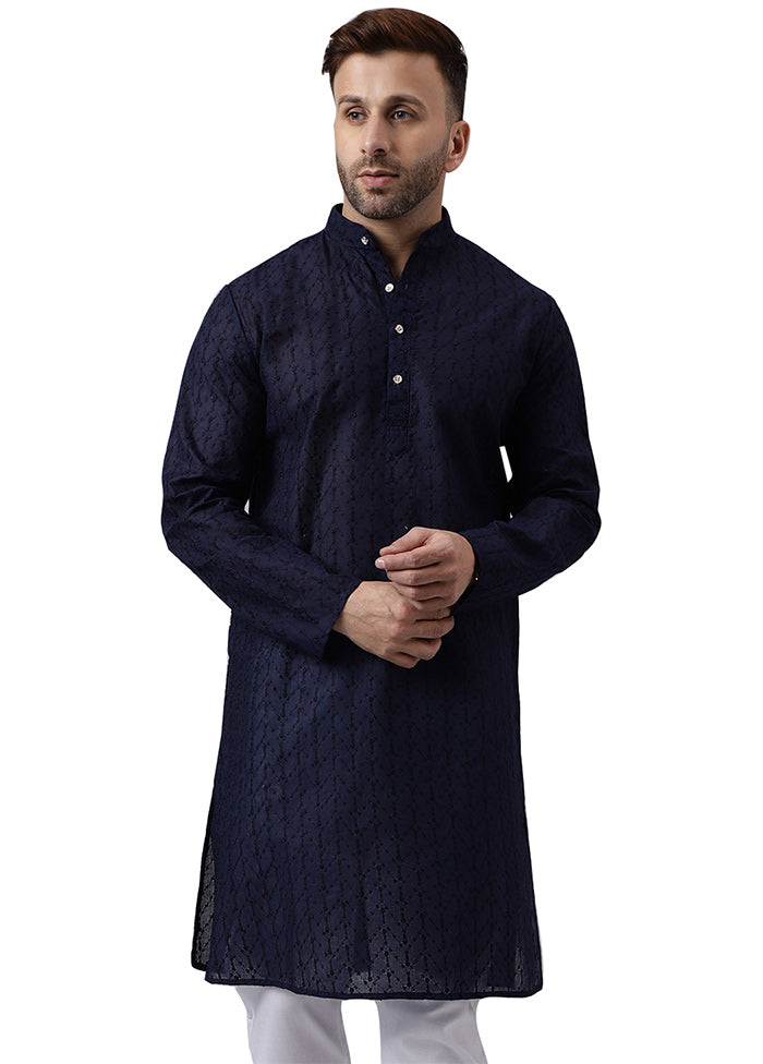 Navy Blue Silk Embroidered Kurta