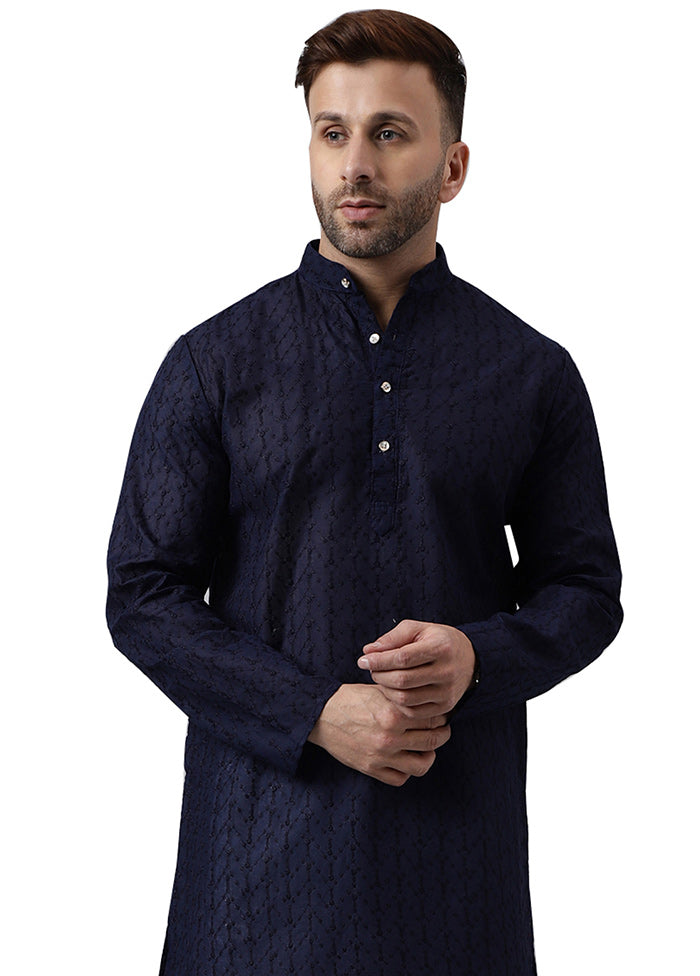 Navy Blue Silk Embroidered Kurta