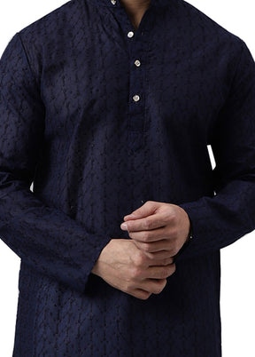 Navy Blue Silk Embroidered Kurta