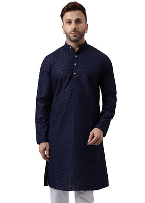 Navy Blue Silk Embroidered Kurta