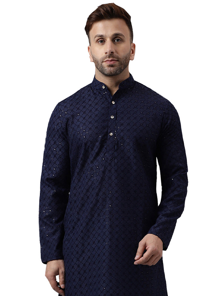 Navy Blue Silk Embroidered Kurta