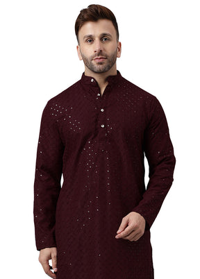 Maroon Silk Embroidered Kurta