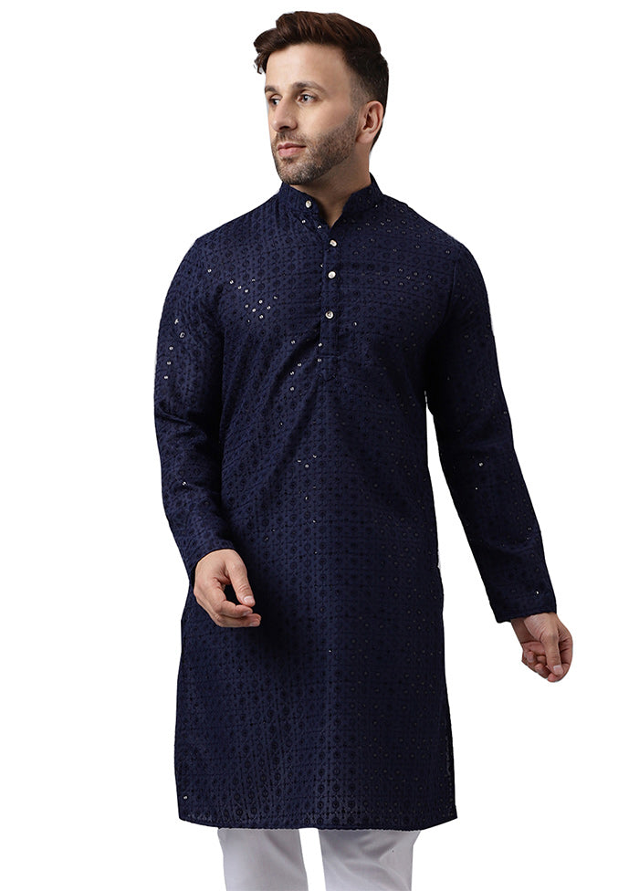 Navy Blue Silk Embroidered Kurta