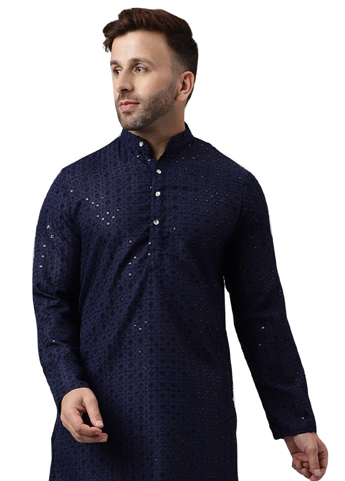 Navy Blue Silk Embroidered Kurta