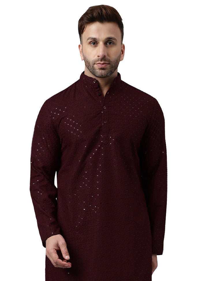 Maroon Silk Embroidered Kurta