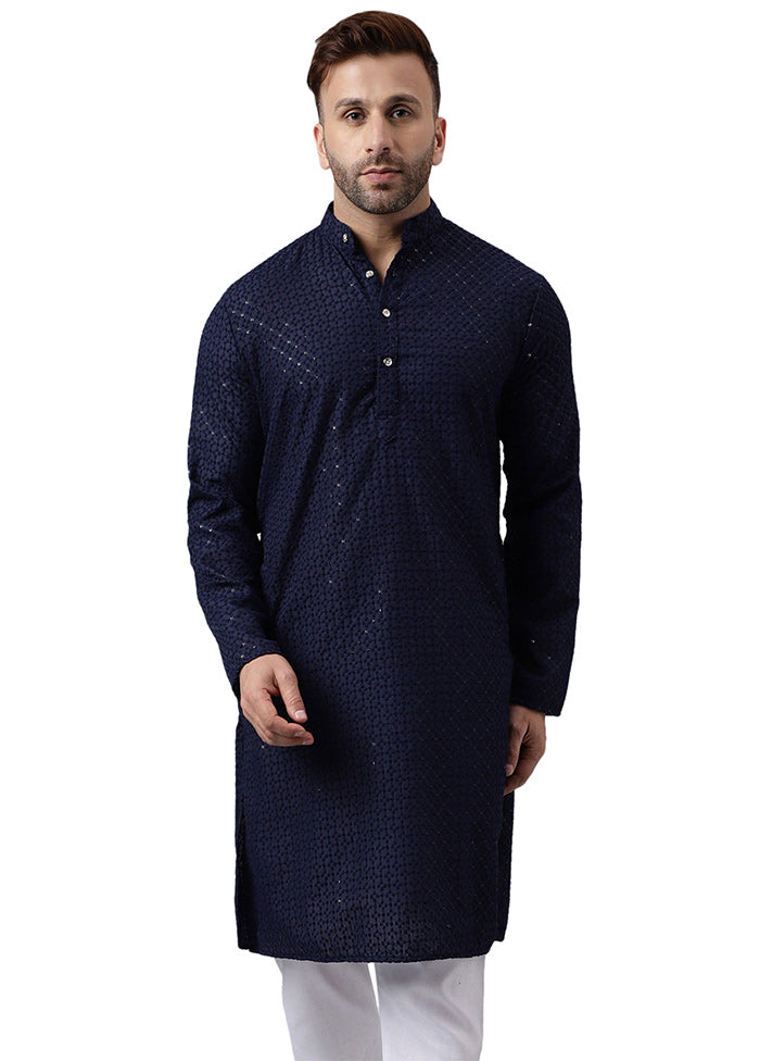 Navy Blue Silk Embroidered Kurta