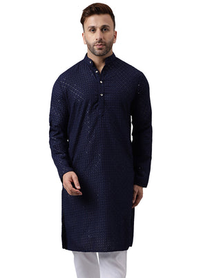 Navy Blue Silk Embroidered Kurta