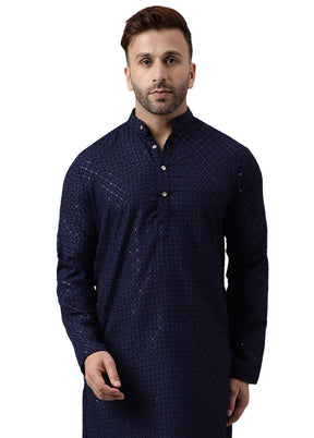 Navy Blue Silk Embroidered Kurta