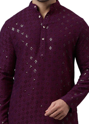 Maroon Silk Embroidered Kurta