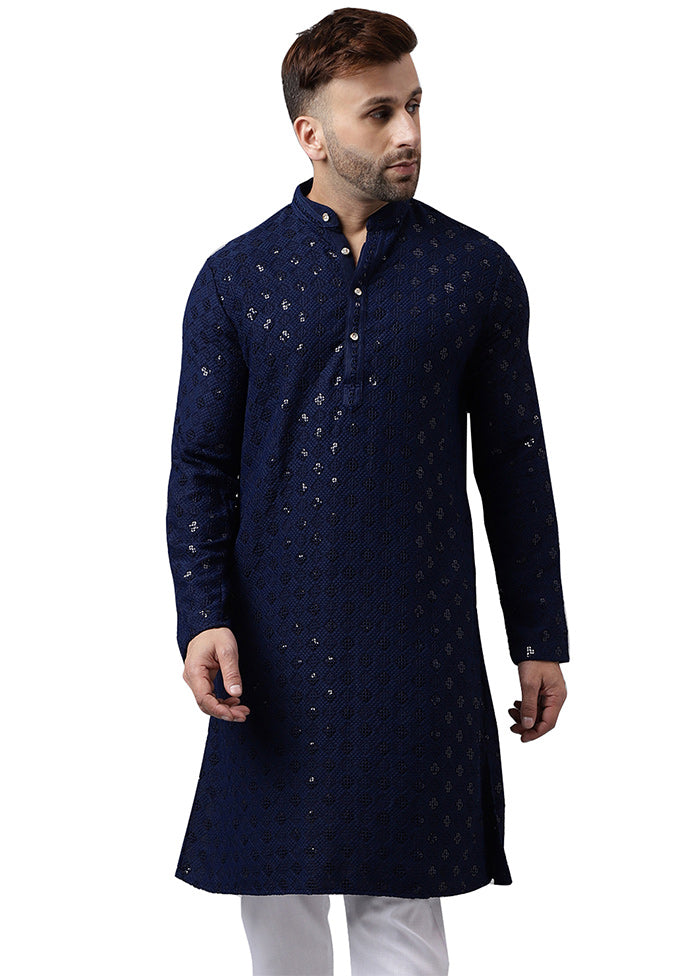 Navy Blue Silk Embroidered Kurta