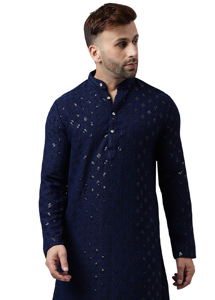 Navy Blue Silk Embroidered Kurta